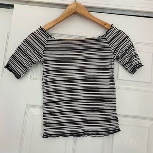 off the shoulder stripped top with ruffle edges